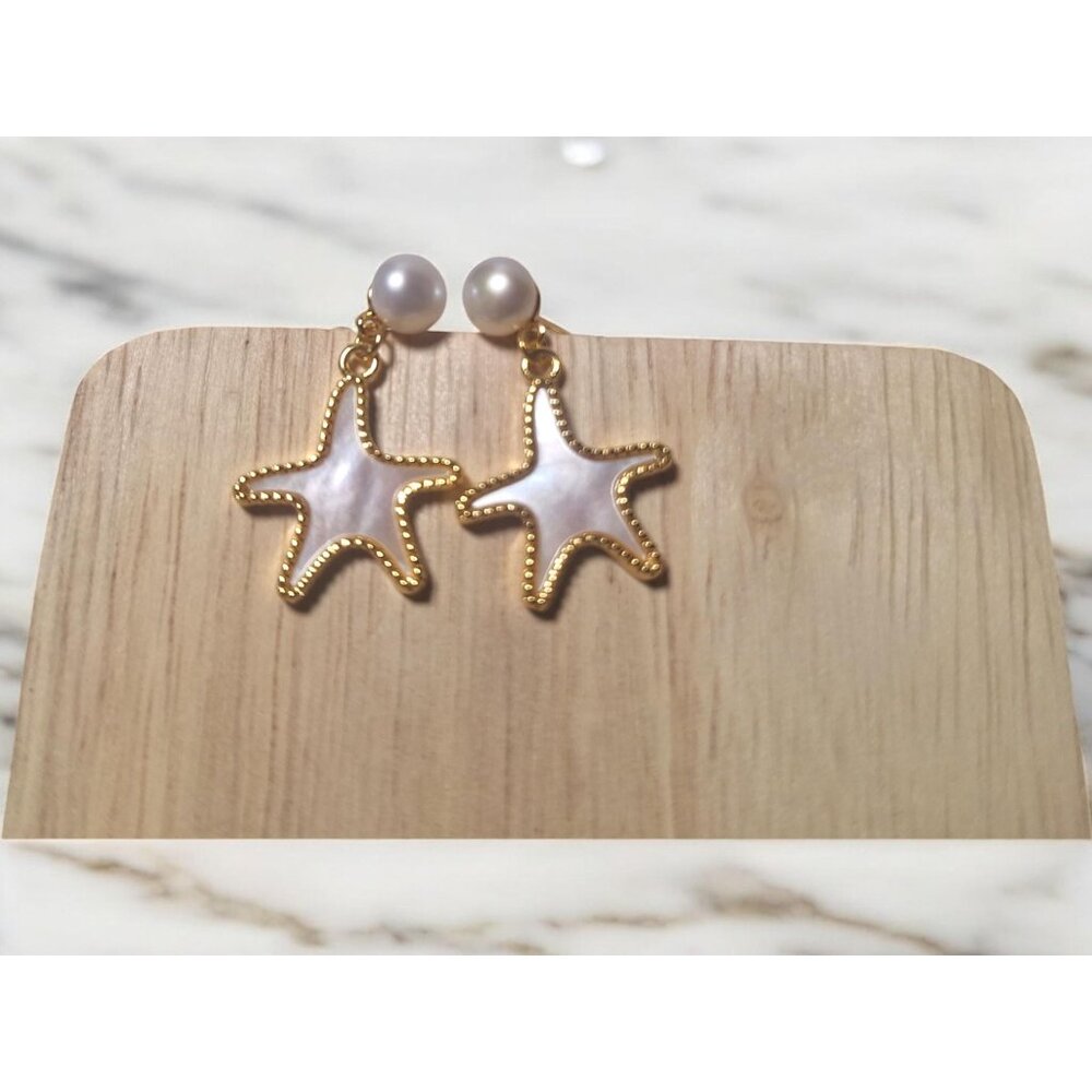 Mother of Pearl Starfish Stud Earrings, 14K Gold Plated  Pearl Cute White Rabbit - Picture 9 of 10